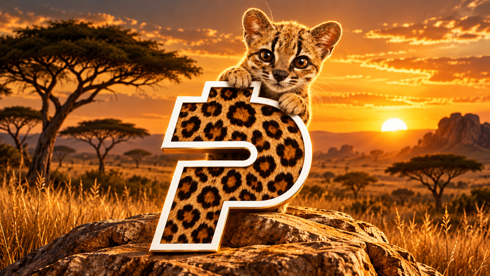 Tilcayo Paid kitten and leopard emblem on sandstone in a golden safari landscape