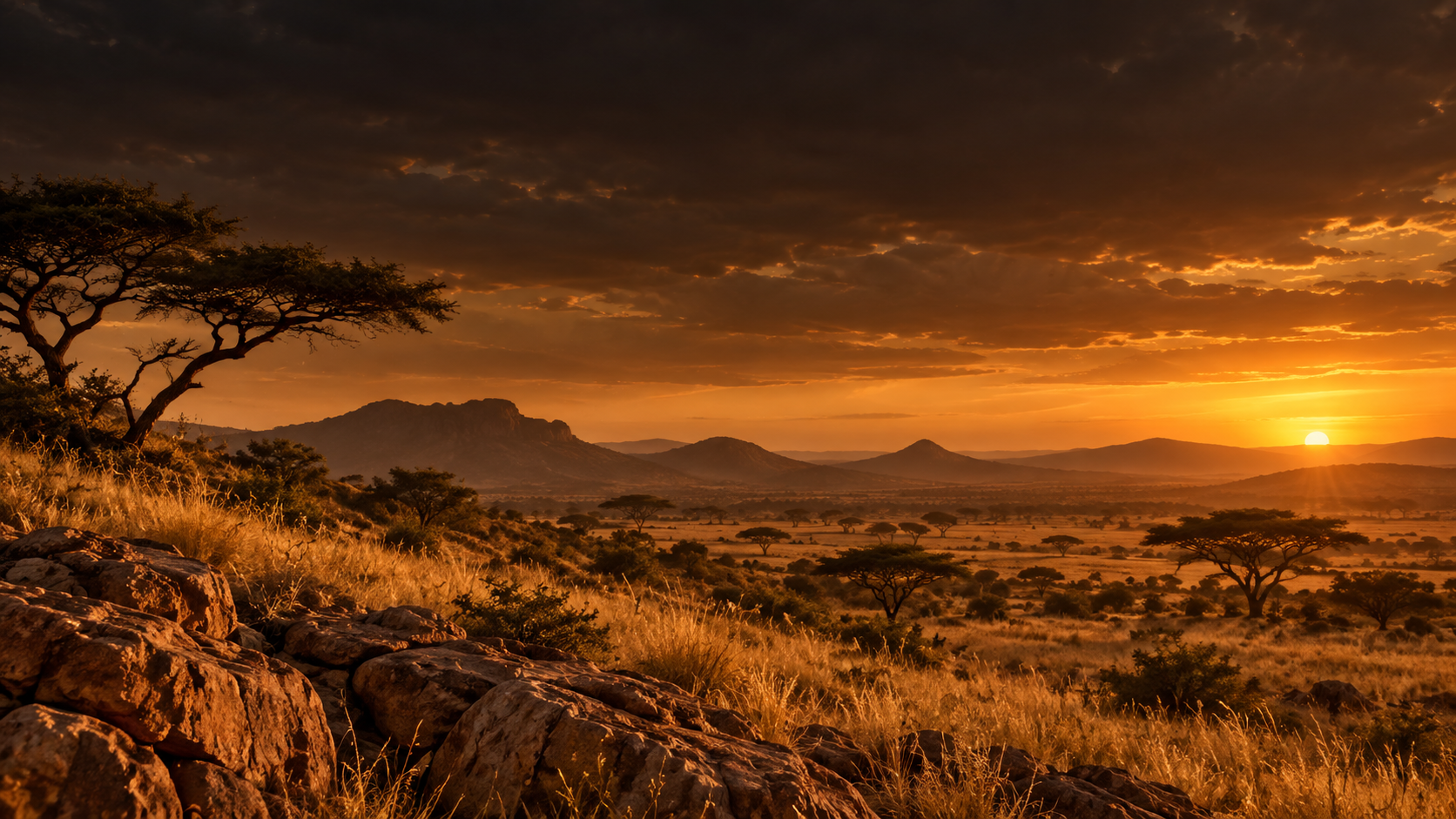 Golden grasses and acacia trees across a sunset savanna